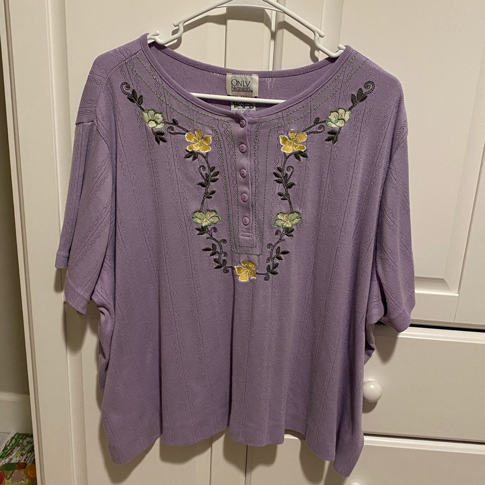 purple, green, and yellow floral tee